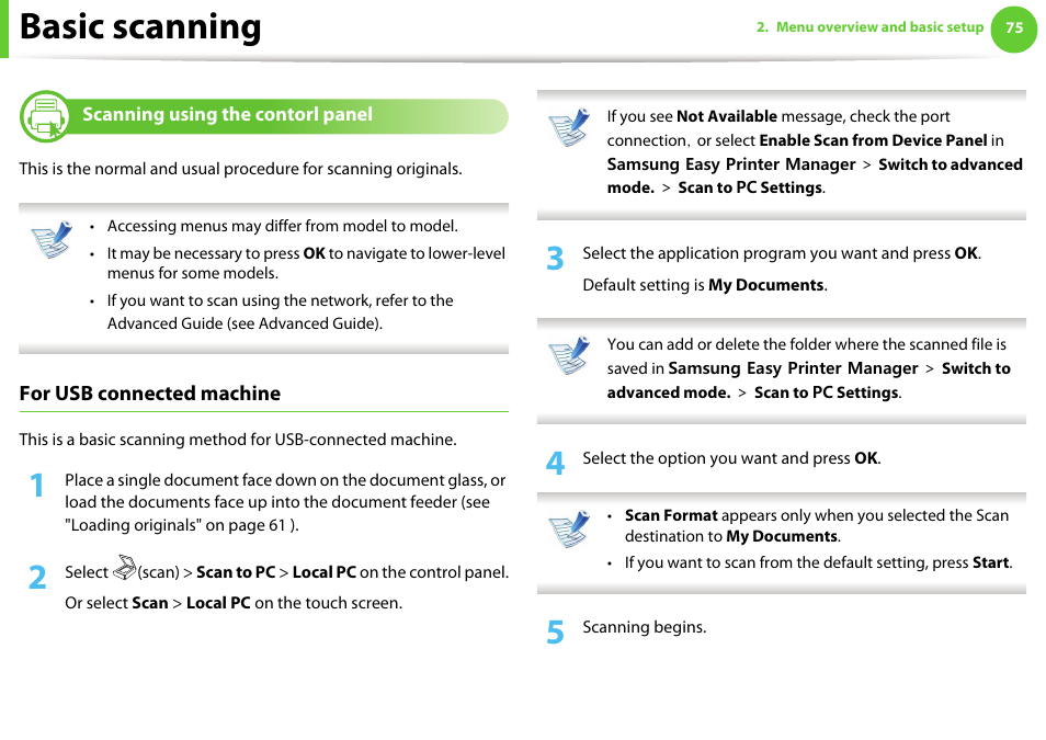Basic scanning, For usb connected machine | Samsung SCX-5639FR-XAA User Manual | Page 75 / 351