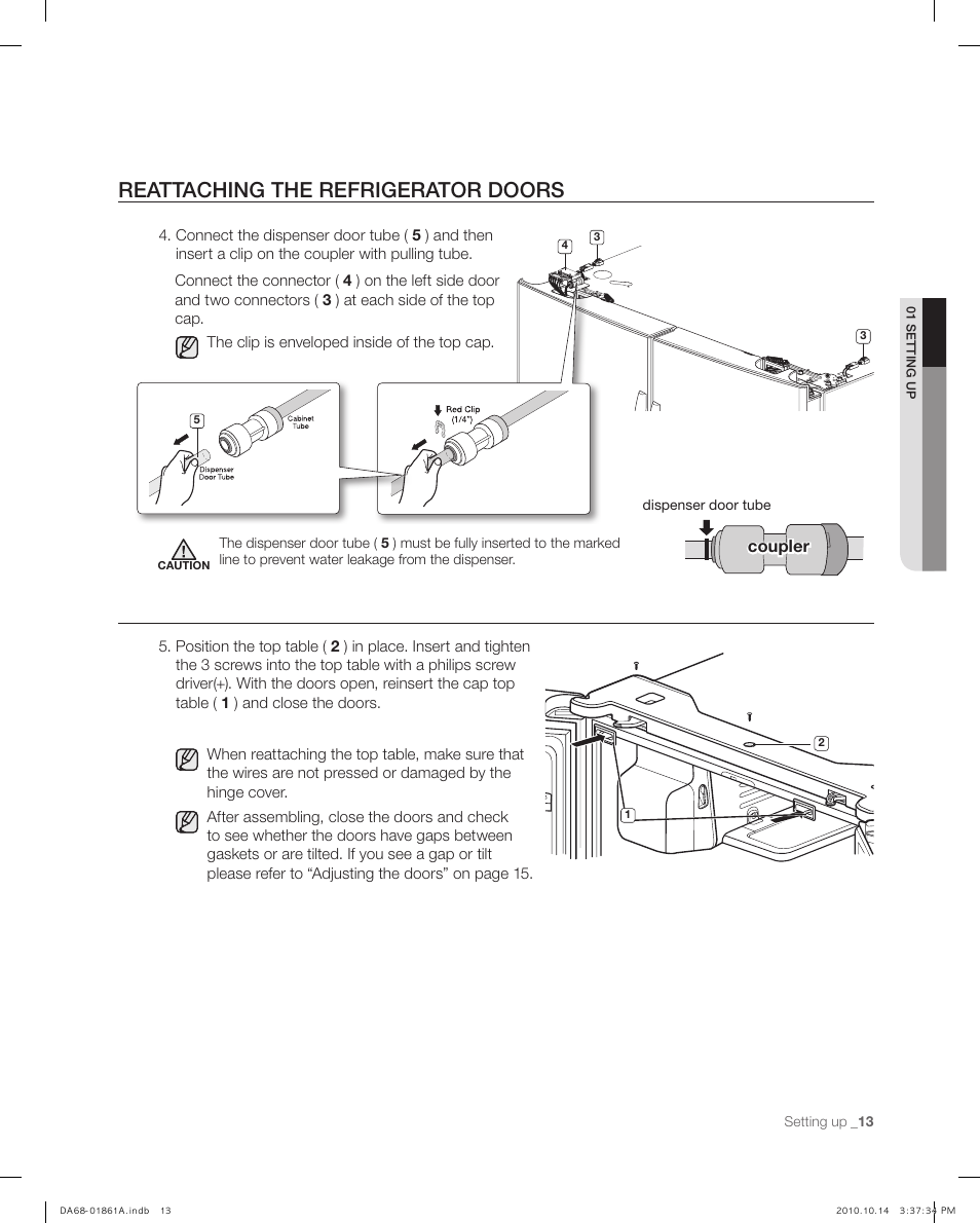 Reattaching the refrigerator doors | Samsung RF268ACBP-XAA User Manual | Page 13 / 42