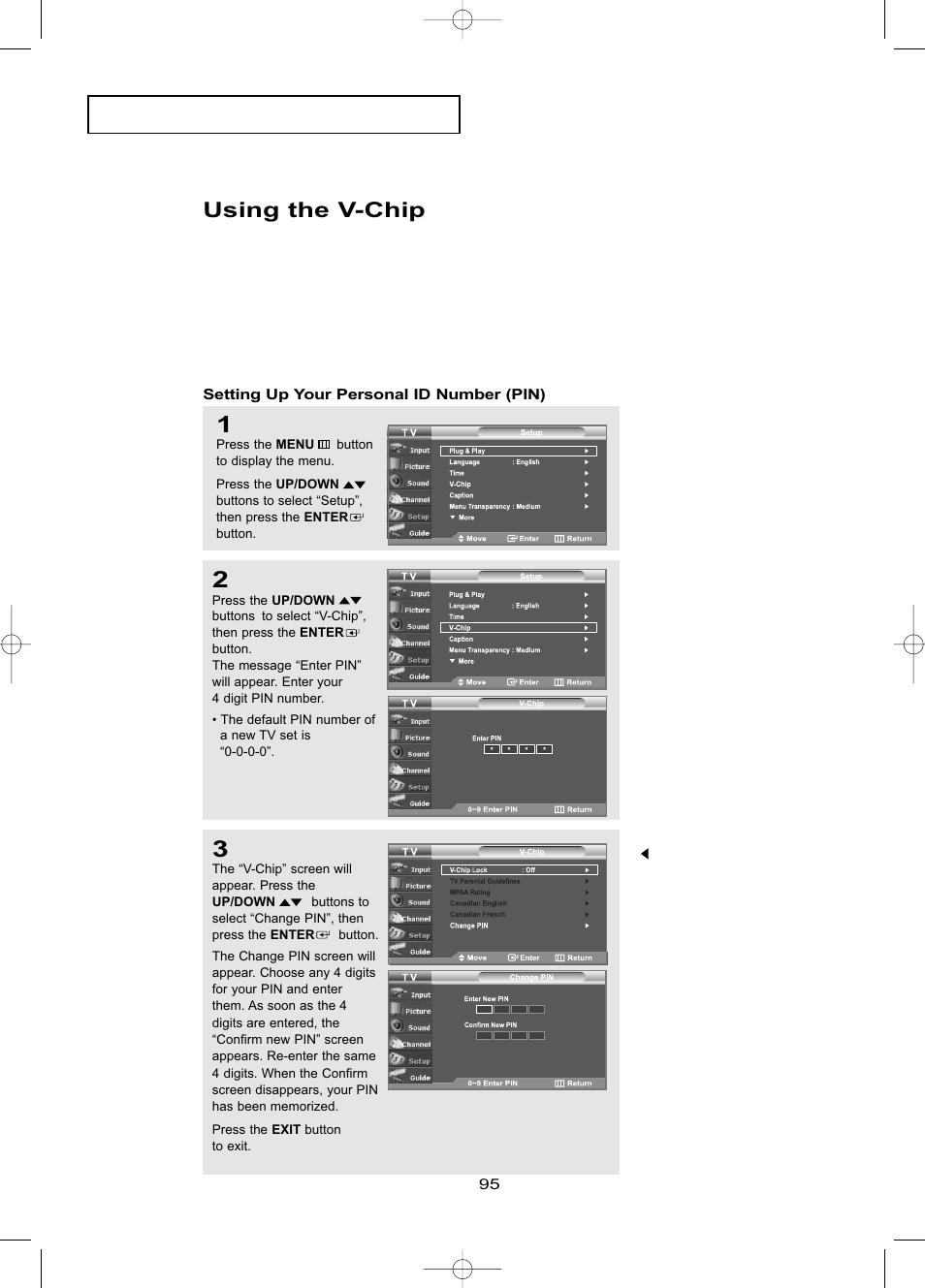 Using the v-chip, Setting up your personal id number(pin) | Samsung LNR469DX-XAA User Manual | Page 101 / 134