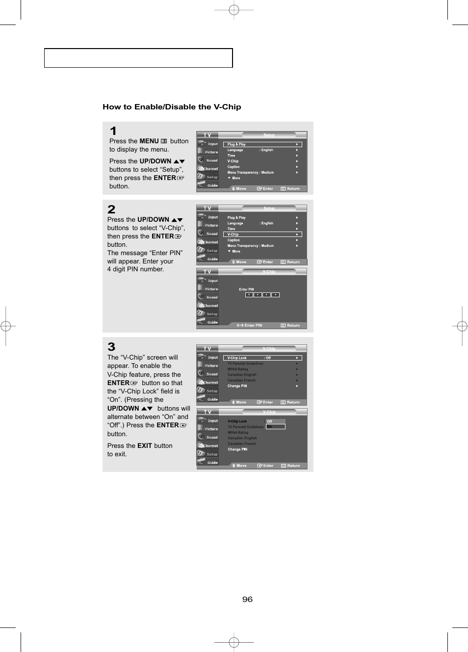 How to enable/disable the v-chip | Samsung LNR469DX-XAA User Manual | Page 102 / 134