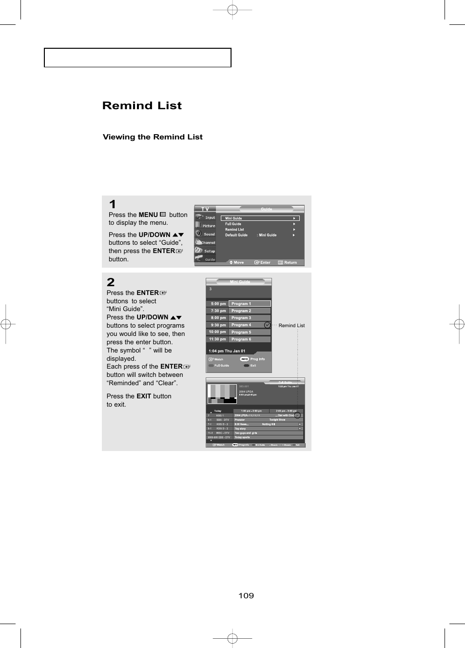 Remind list, Viewing the remind list | Samsung LNR469DX-XAA User Manual | Page 115 / 134