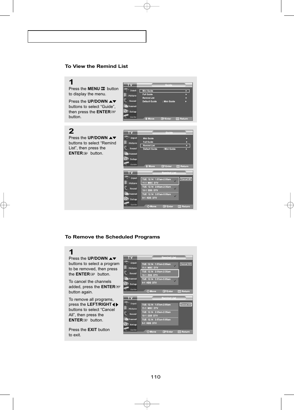 To view the remind list, To remove the scheduled programs | Samsung LNR469DX-XAA User Manual | Page 116 / 134