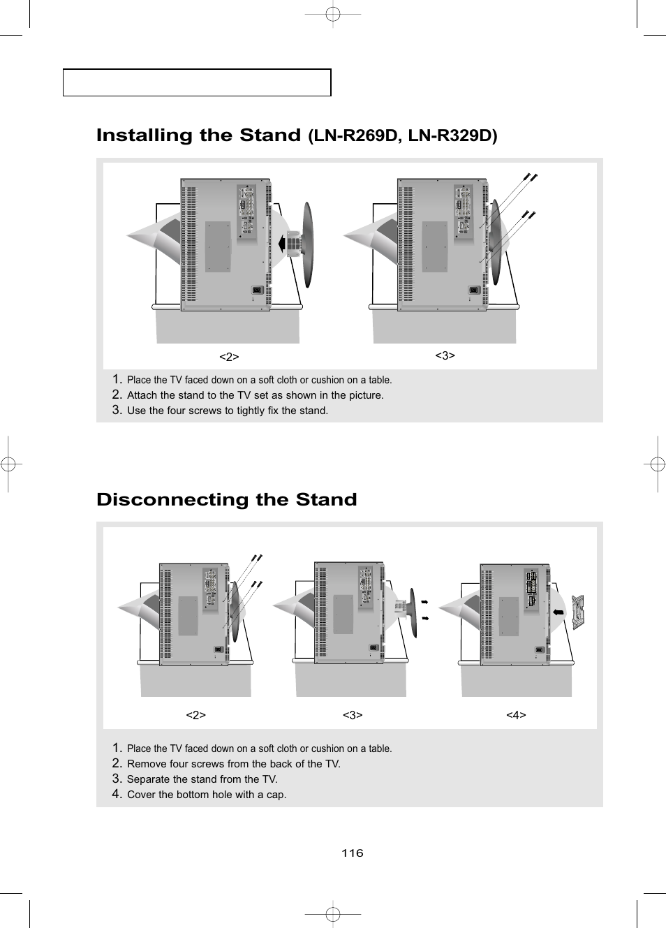 Installing the stand (ln-r269d, ln-r329d), Disconnecting the stand, Installing the stand | Samsung LNR469DX-XAA User Manual | Page 122 / 134