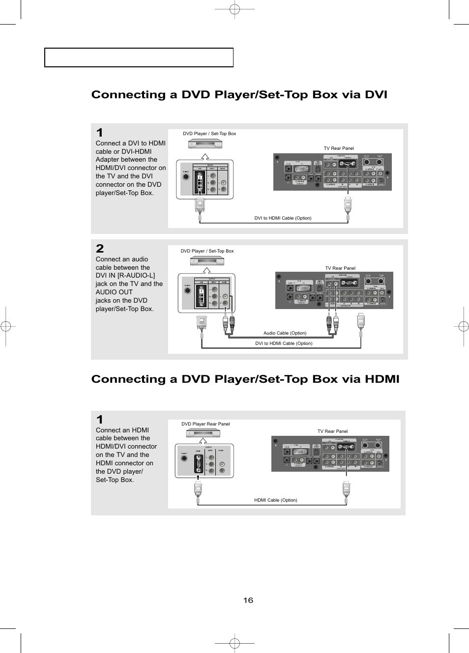 Connecting a dvd player/set-top box via dvi, Connecting a dvd player/set-top box via hdmi | Samsung LNR469DX-XAA User Manual | Page 22 / 134