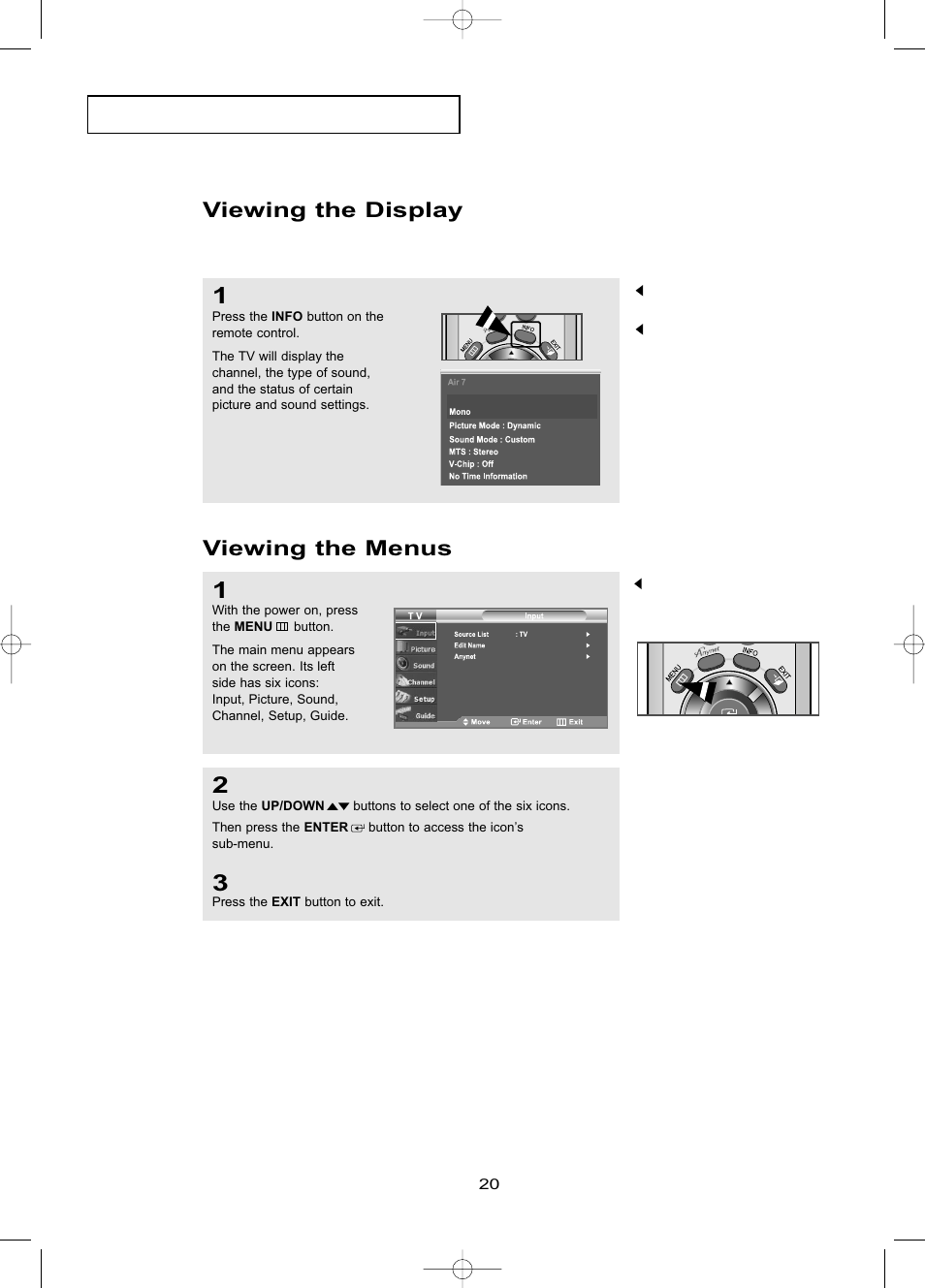 Viewing the display, Viewing the menus | Samsung LNR469DX-XAA User Manual | Page 26 / 134