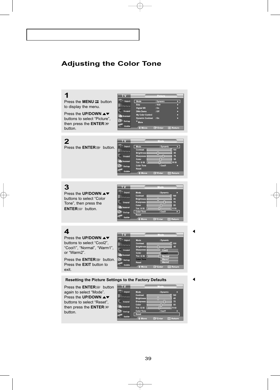 Adjusting the color tone | Samsung LNR469DX-XAA User Manual | Page 45 / 134