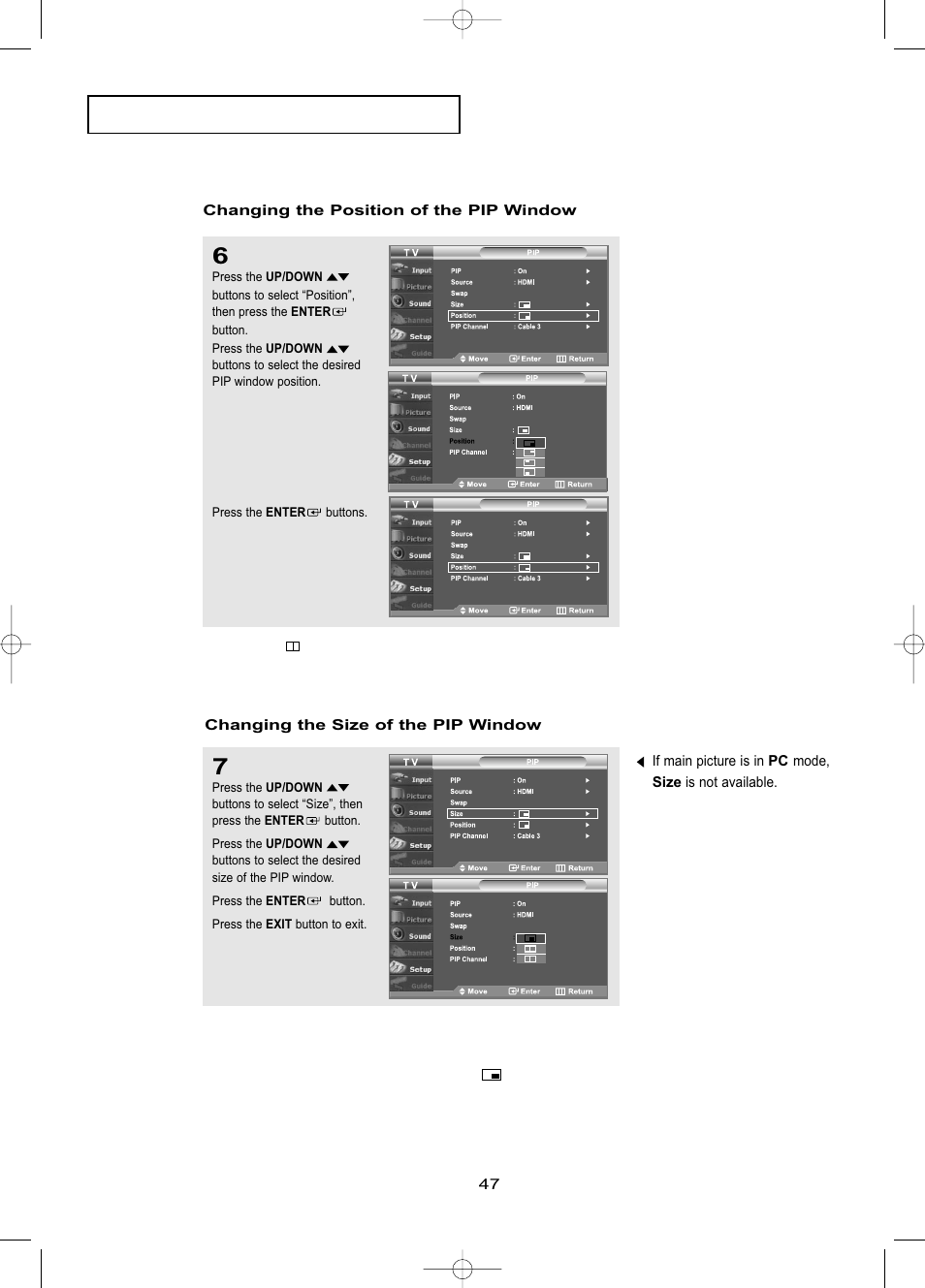 Changing the position of the pipwindow, Changing the size of the pipwindow | Samsung LNR469DX-XAA User Manual | Page 53 / 134
