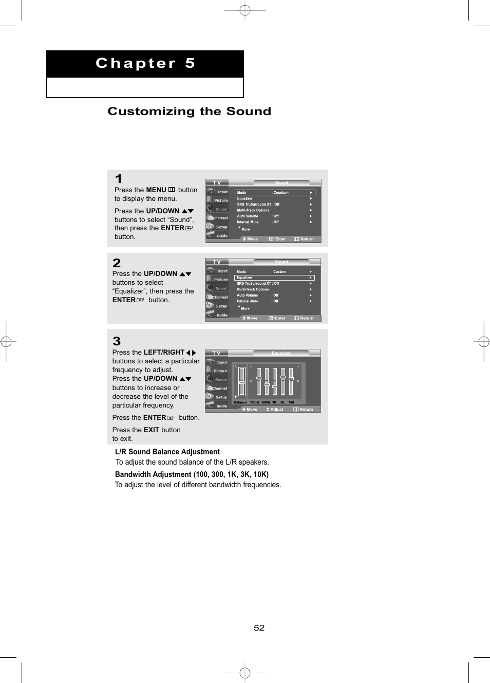 Chapter 5: sound control, Customizing the sound | Samsung LNR469DX-XAA User Manual | Page 58 / 134