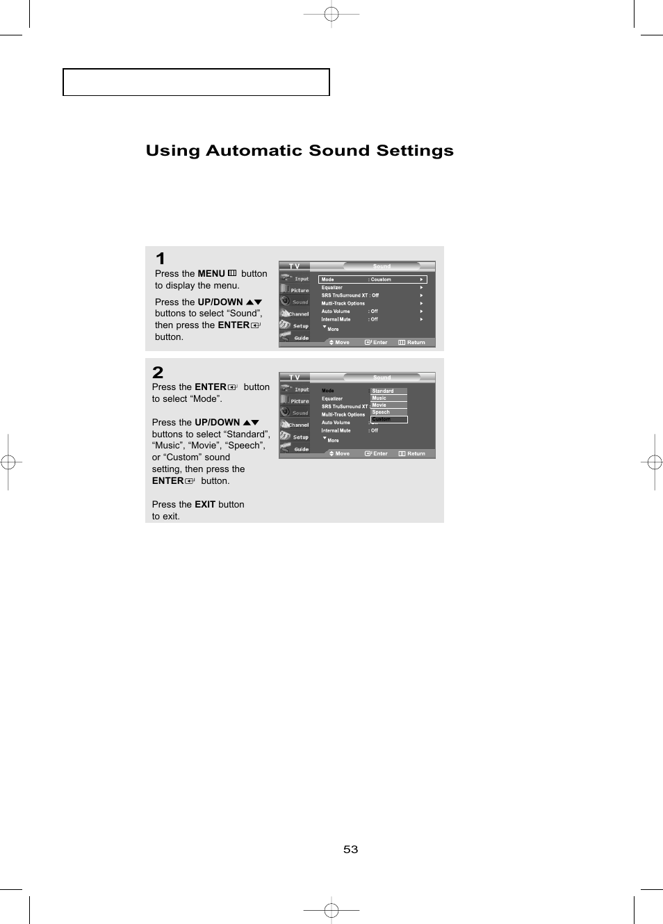 Using automatic sound settings | Samsung LNR469DX-XAA User Manual | Page 59 / 134