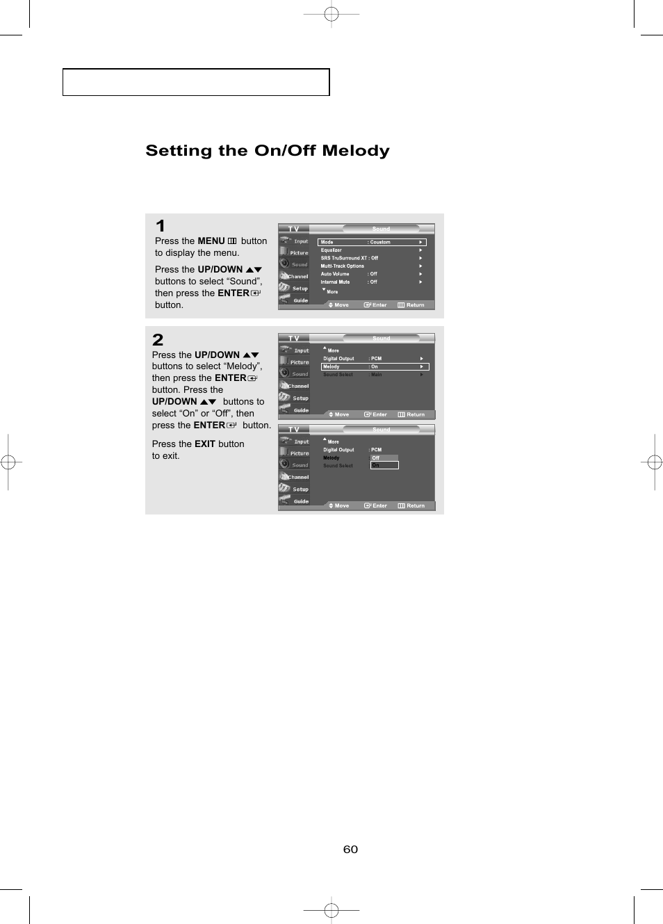 Setting the on/off melody | Samsung LNR469DX-XAA User Manual | Page 66 / 134