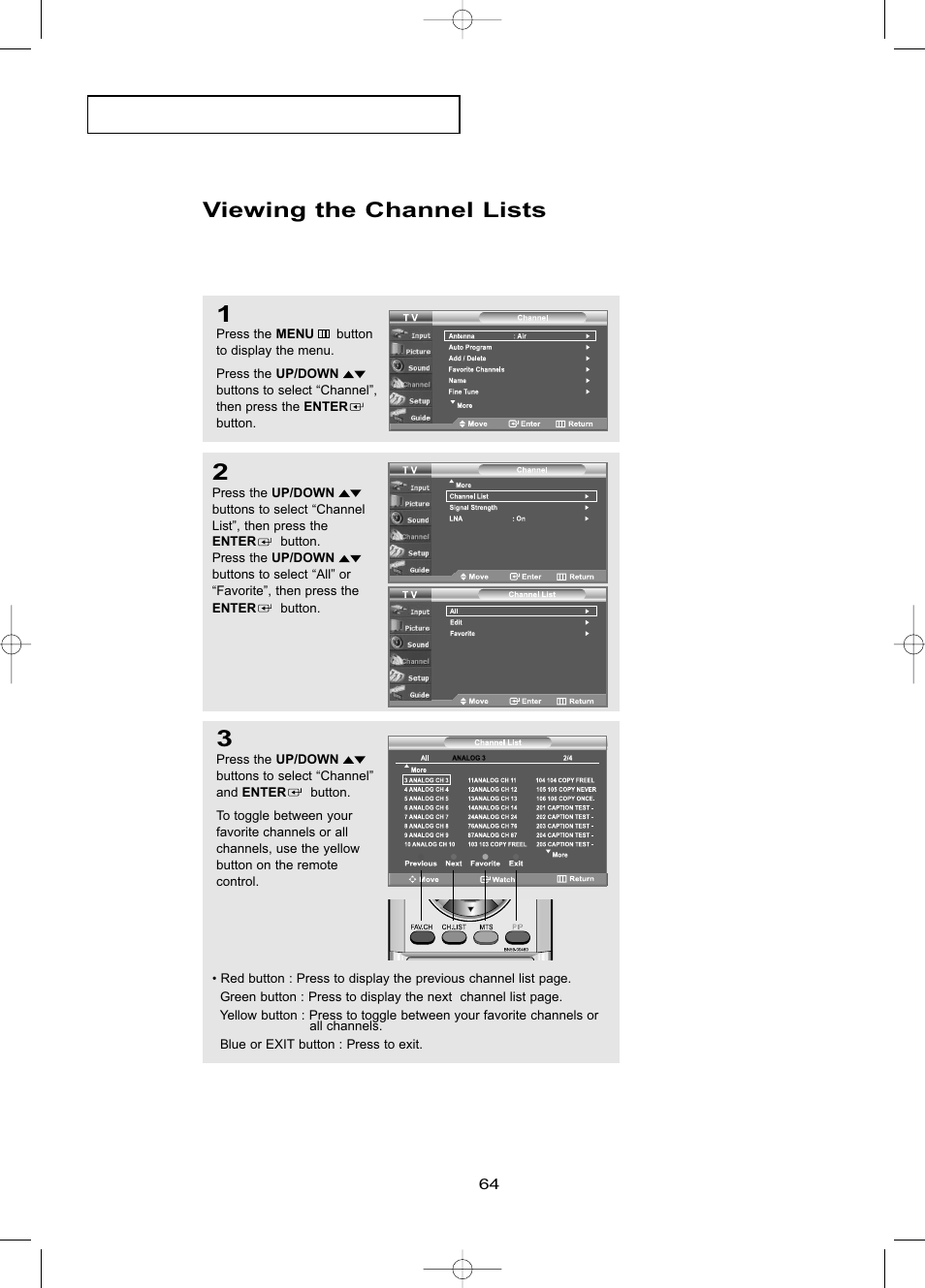Viewing the channel lists | Samsung LNR469DX-XAA User Manual | Page 70 / 134