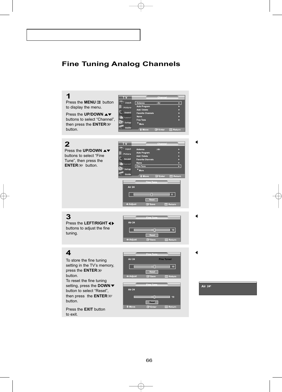 Fine tuning analog channels | Samsung LNR469DX-XAA User Manual | Page 72 / 134