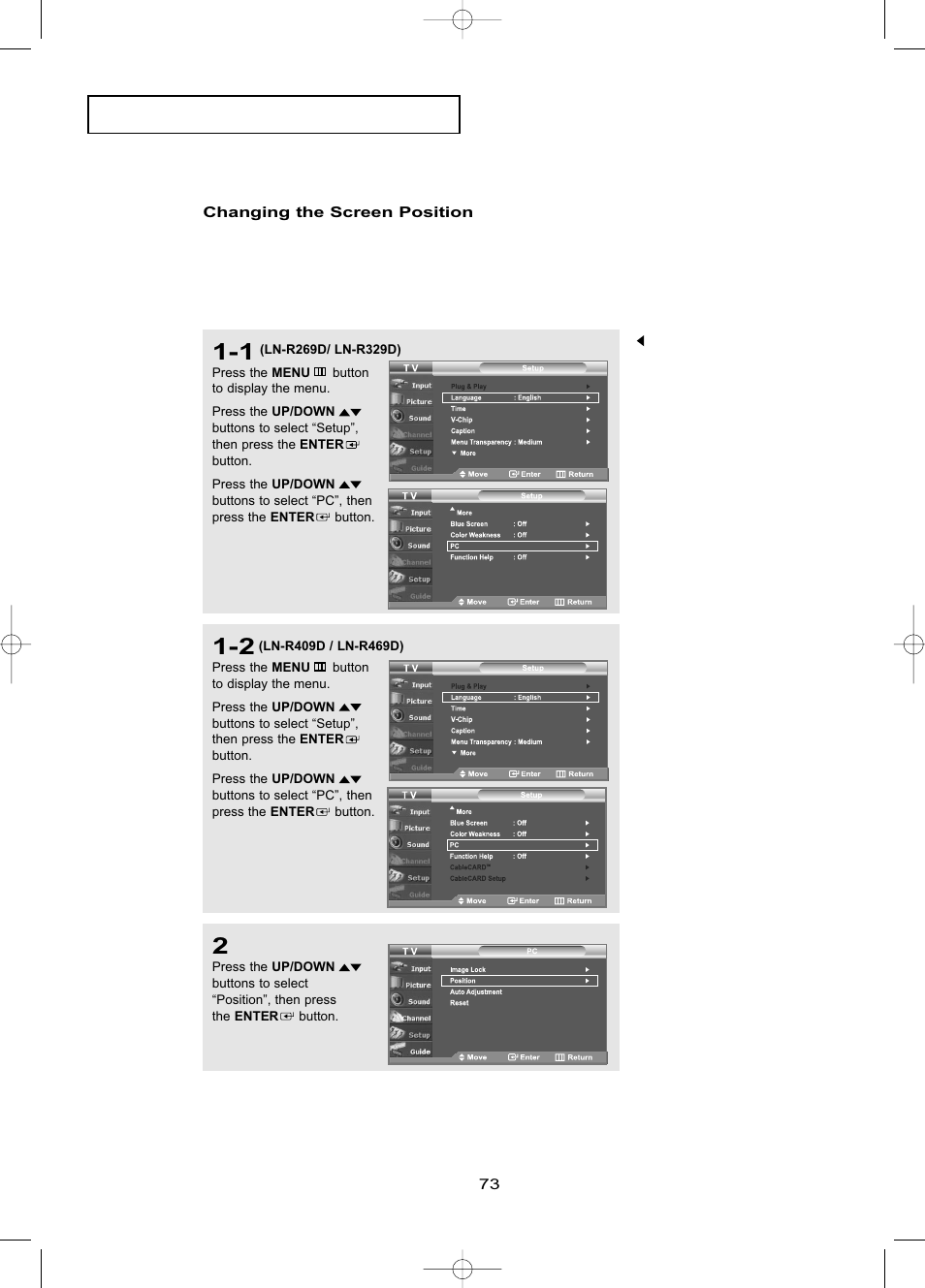 Changing the screen position, P c d | Samsung LNR469DX-XAA User Manual | Page 79 / 134