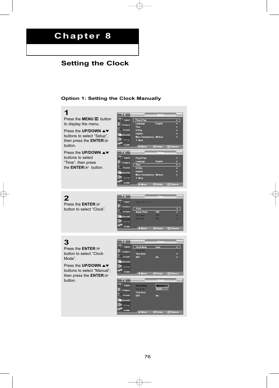Chapter 8: time setting, Setting the clock, Option 1:setting the clock manually | Samsung LNR469DX-XAA User Manual | Page 82 / 134