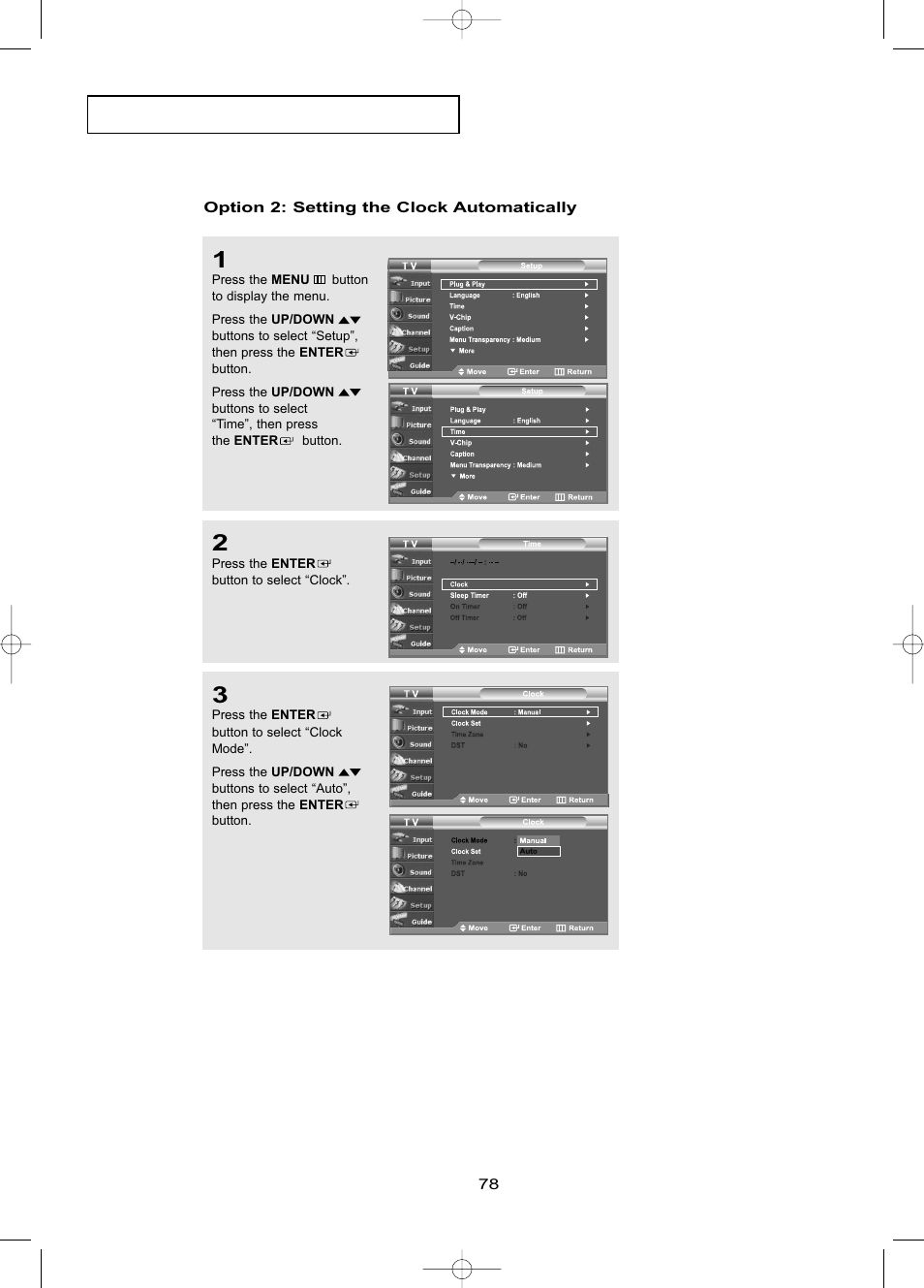 Option 2:setting the clock automatically | Samsung LNR469DX-XAA User Manual | Page 84 / 134
