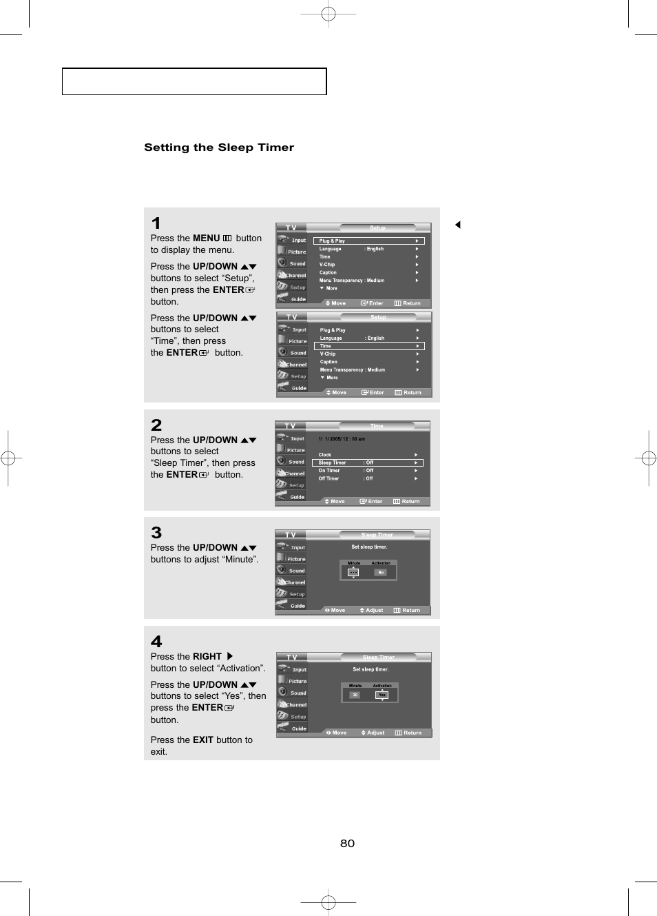 Setting the sleep timer | Samsung LNR469DX-XAA User Manual | Page 86 / 134