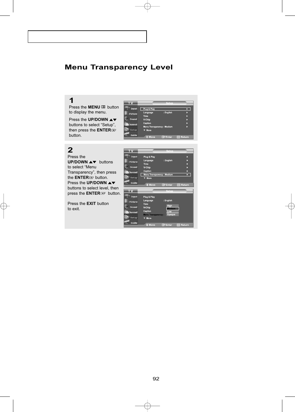 Menu transparency level | Samsung LNR469DX-XAA User Manual | Page 98 / 134