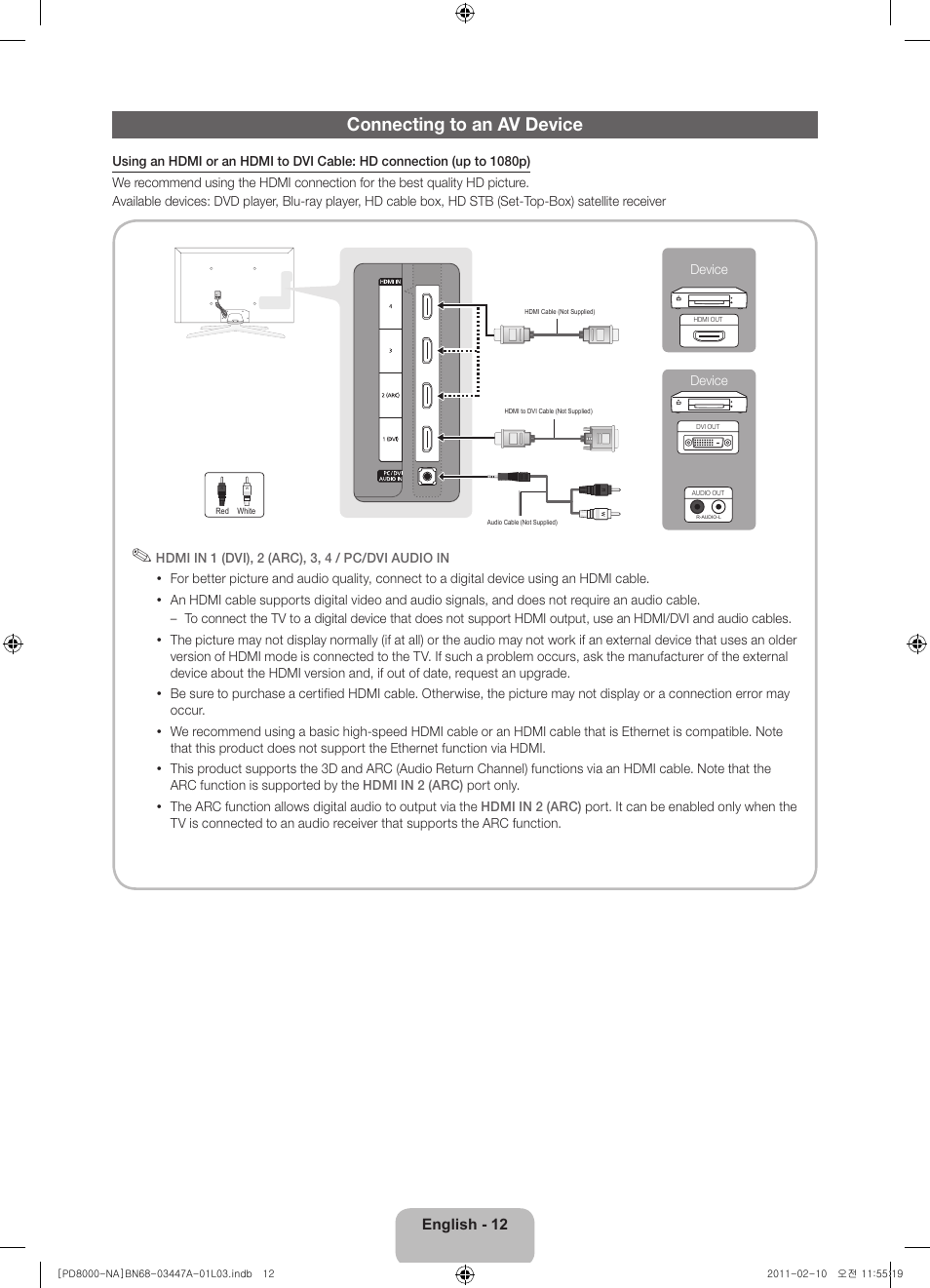 Connecting to an av device | Samsung PN51D8000FFXZA User Manual | Page 12 / 74