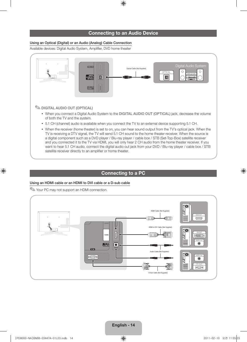 Connecting to an audio device, Connecting to a pc | Samsung PN51D8000FFXZA User Manual | Page 14 / 74