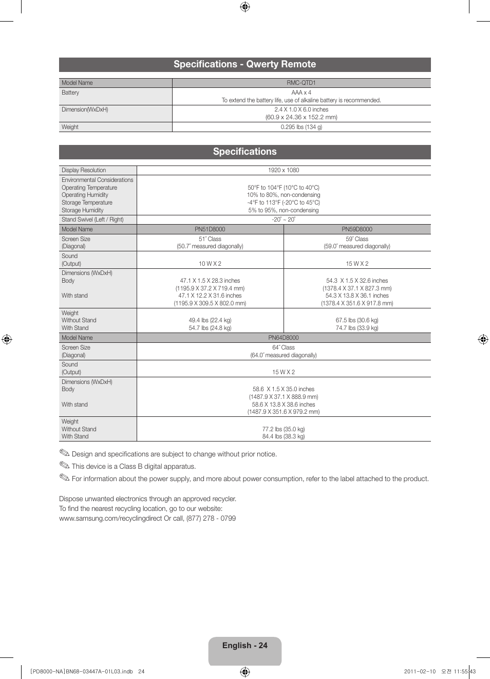 Specifications - qwerty remote, Specifications | Samsung PN51D8000FFXZA User Manual | Page 24 / 74