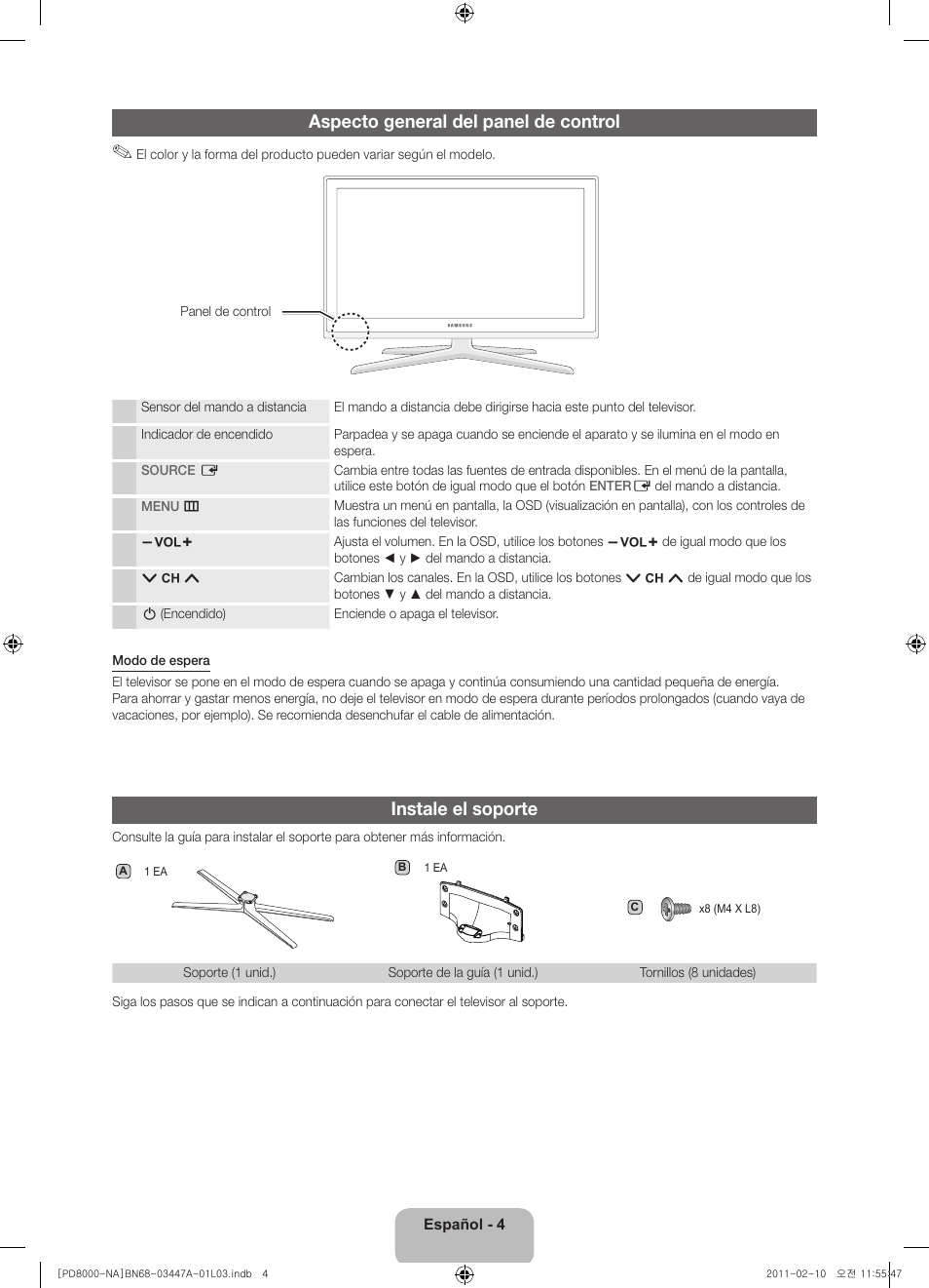 Aspecto general del panel de control, Instale el soporte | Samsung PN51D8000FFXZA User Manual | Page 29 / 74