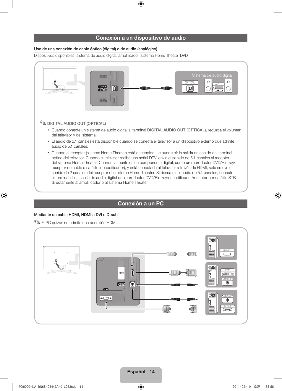 Conexión a un dispositivo de audio, Conexión a un pc | Samsung PN51D8000FFXZA User Manual | Page 39 / 74