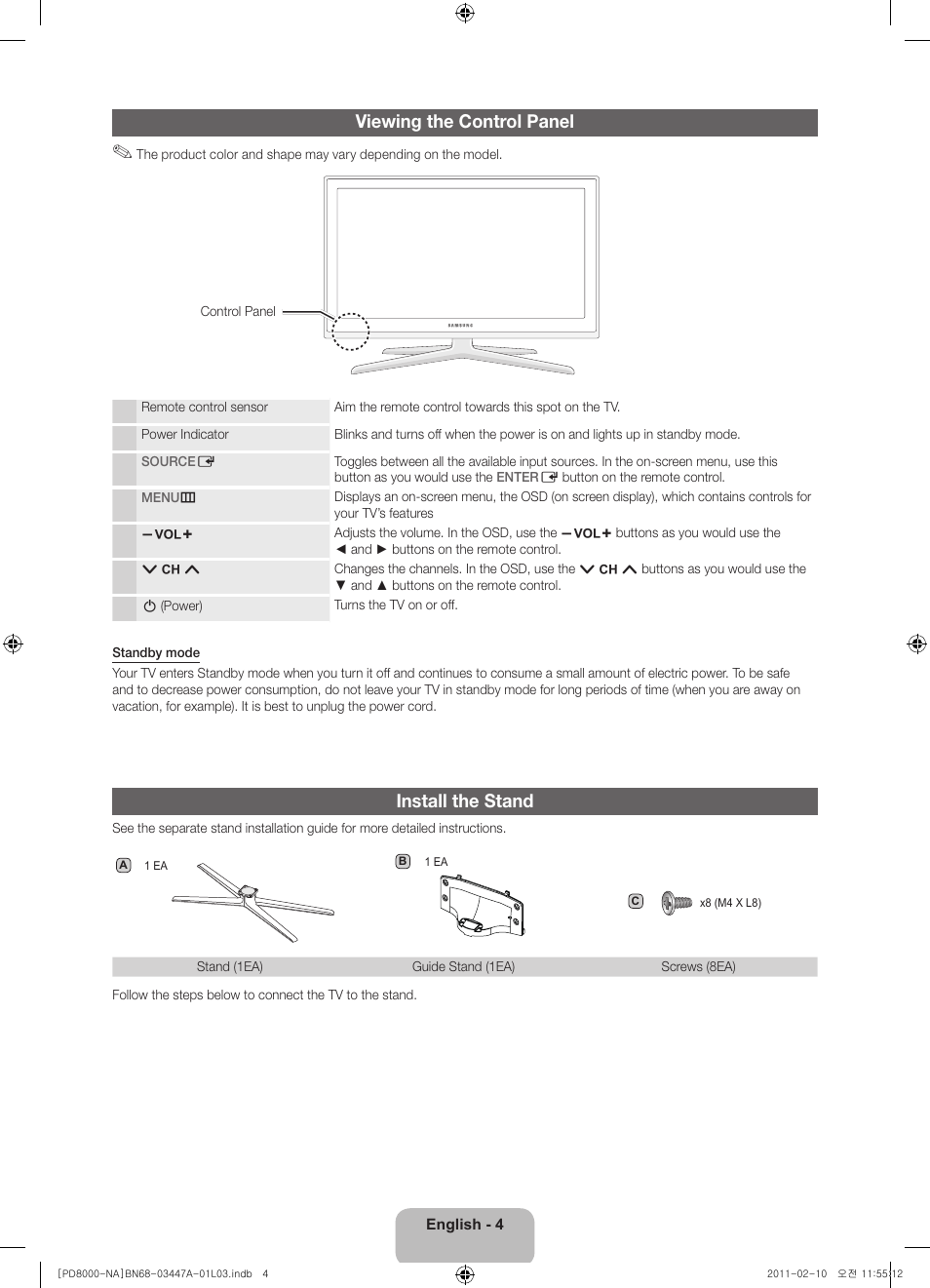 Viewing the control panel, Install the stand | Samsung PN51D8000FFXZA User Manual | Page 4 / 74