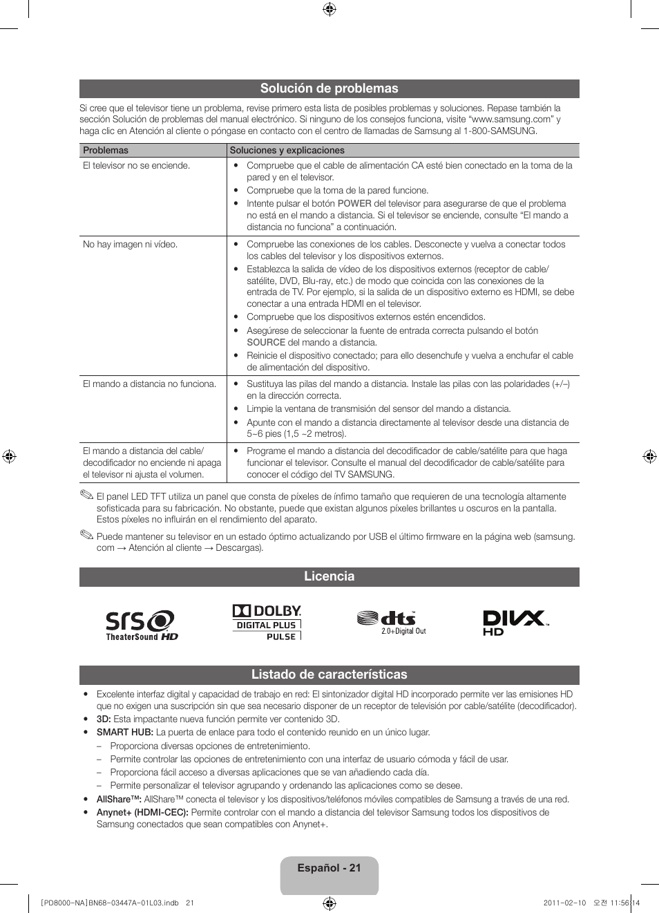 Solución de problemas, Licencia listado de características | Samsung PN51D8000FFXZA User Manual | Page 46 / 74
