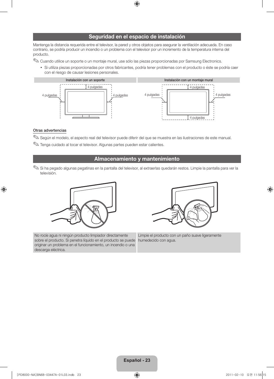 Seguridad en el espacio de instalación, Almacenamiento y mantenimiento | Samsung PN51D8000FFXZA User Manual | Page 48 / 74