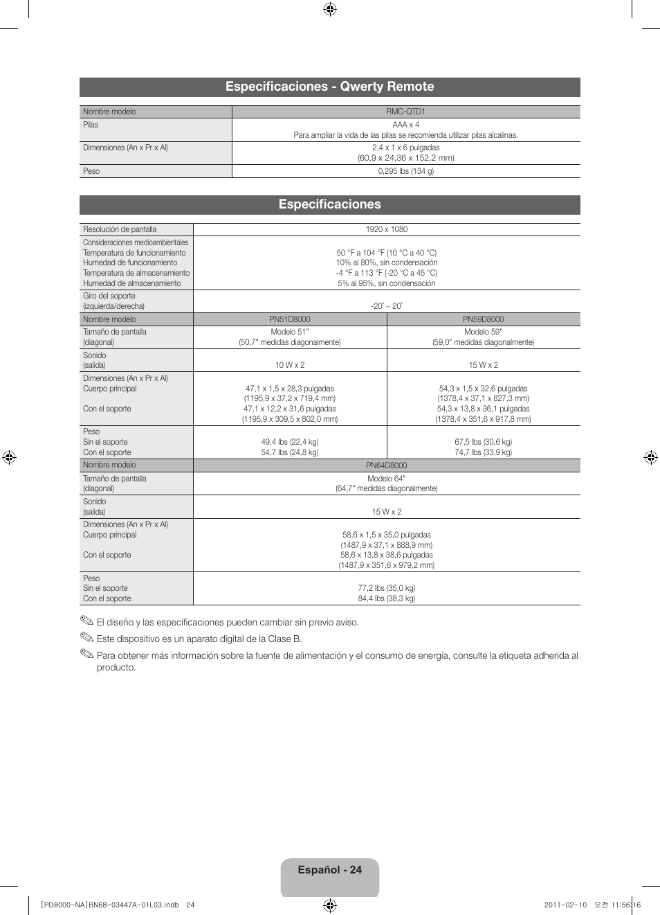 Especificaciones - qwerty remote, Especificaciones | Samsung PN51D8000FFXZA User Manual | Page 49 / 74