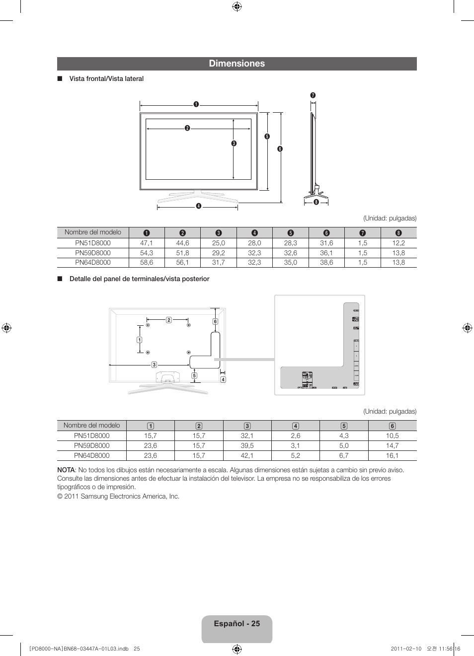 Dimensiones | Samsung PN51D8000FFXZA User Manual | Page 50 / 74