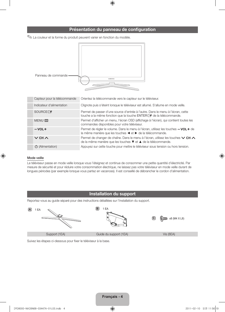 Présentation du panneau de configuration, Installation du support | Samsung PN51D8000FFXZA User Manual | Page 53 / 74