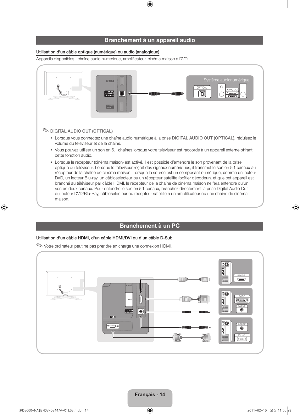 Branchement à un appareil audio, Branchement à un pc | Samsung PN51D8000FFXZA User Manual | Page 63 / 74