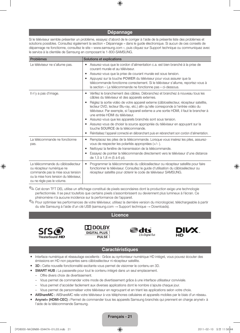Dépannage, Licence caractéristiques | Samsung PN51D8000FFXZA User Manual | Page 70 / 74