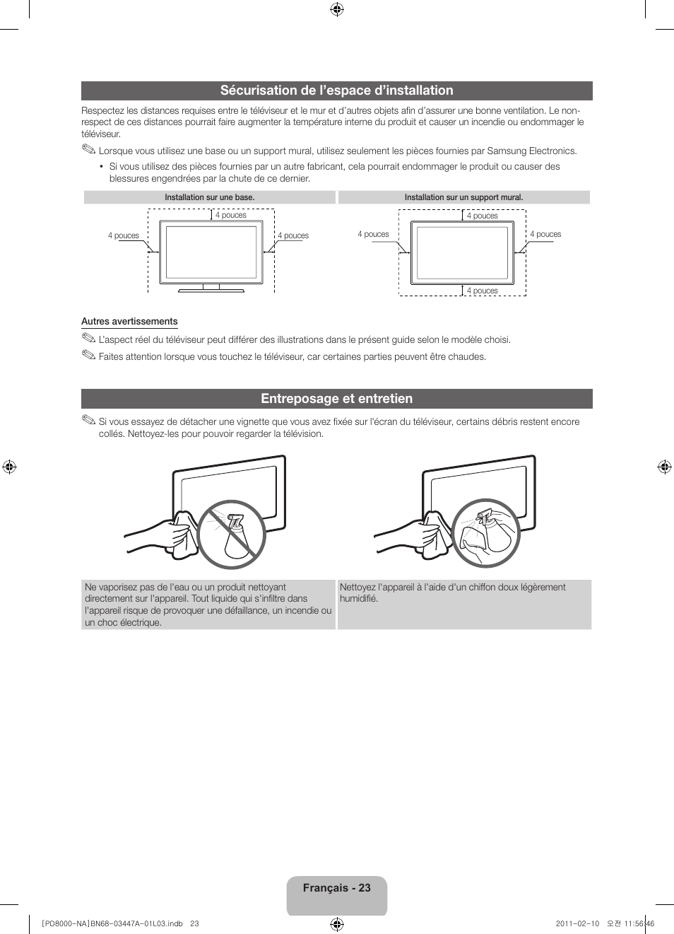 Sécurisation de l’espace d’installation, Entreposage et entretien | Samsung PN51D8000FFXZA User Manual | Page 72 / 74