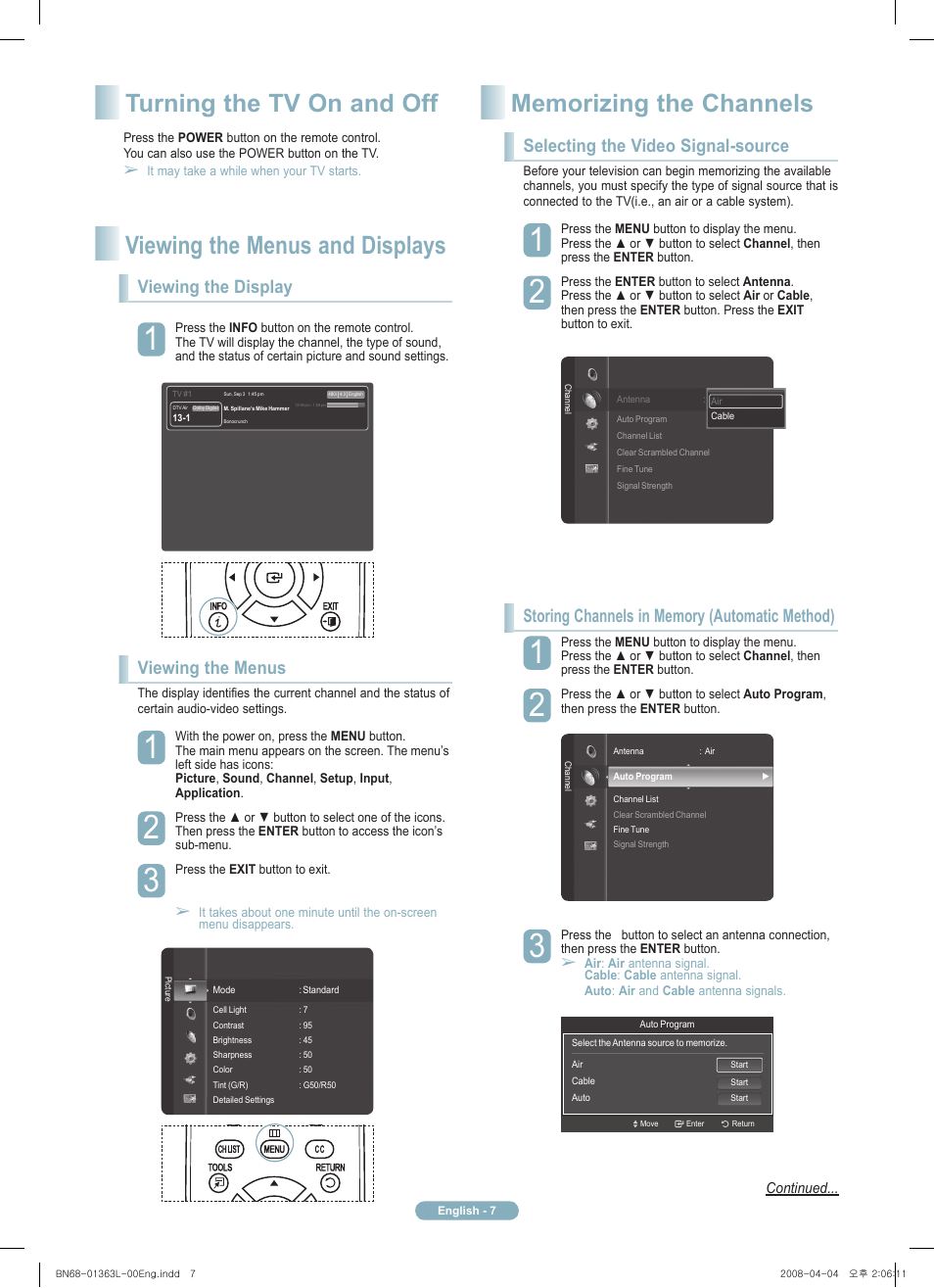 Viewing the display, Viewing the menus, Selecting the video signal-source | Samsung PN50A510P3FXZA User Manual | Page 7 / 12
