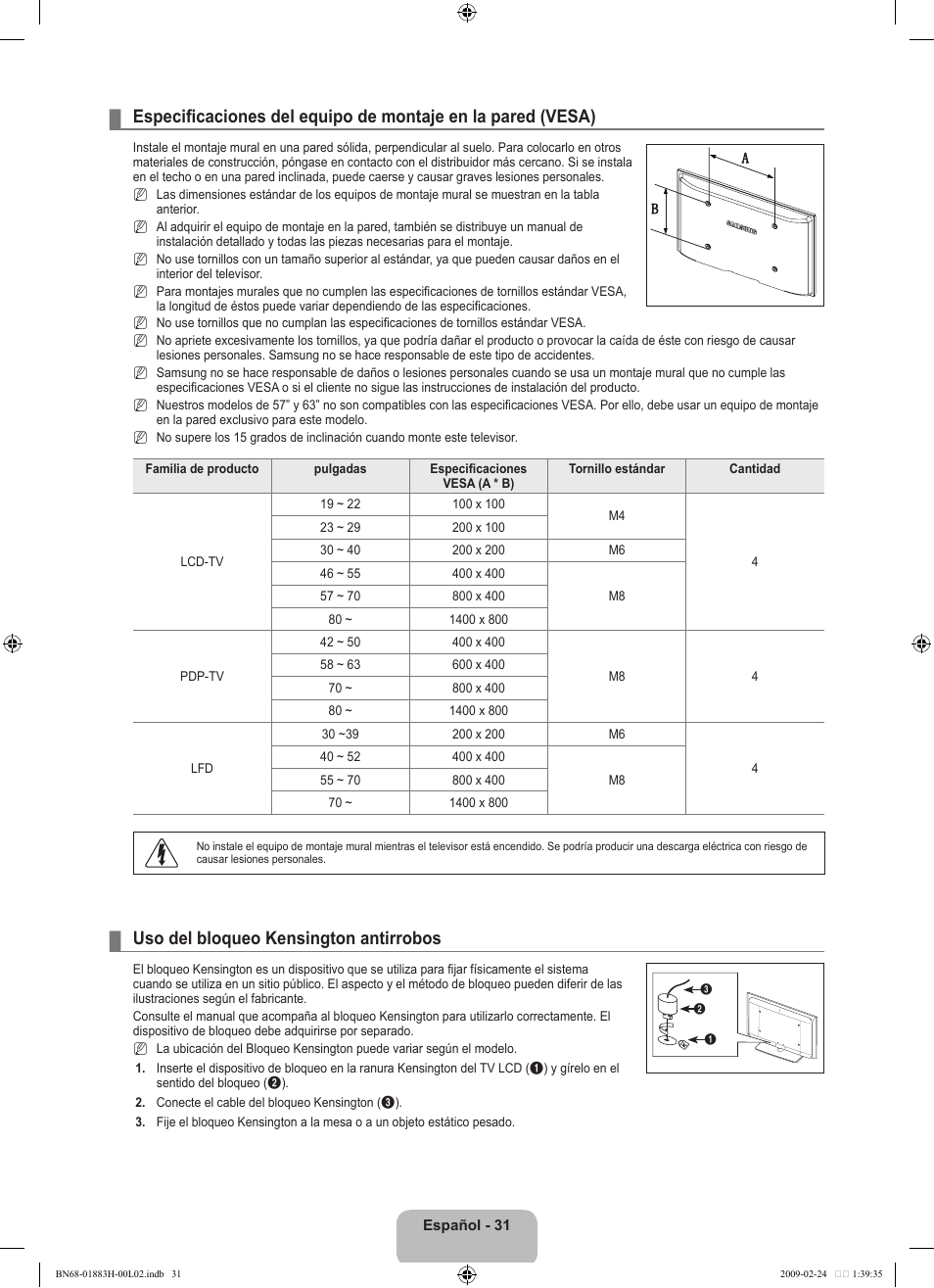 Uso del bloqueo kensington antirrobos | Samsung LN32B540P8DUZA User Manual | Page 69 / 73