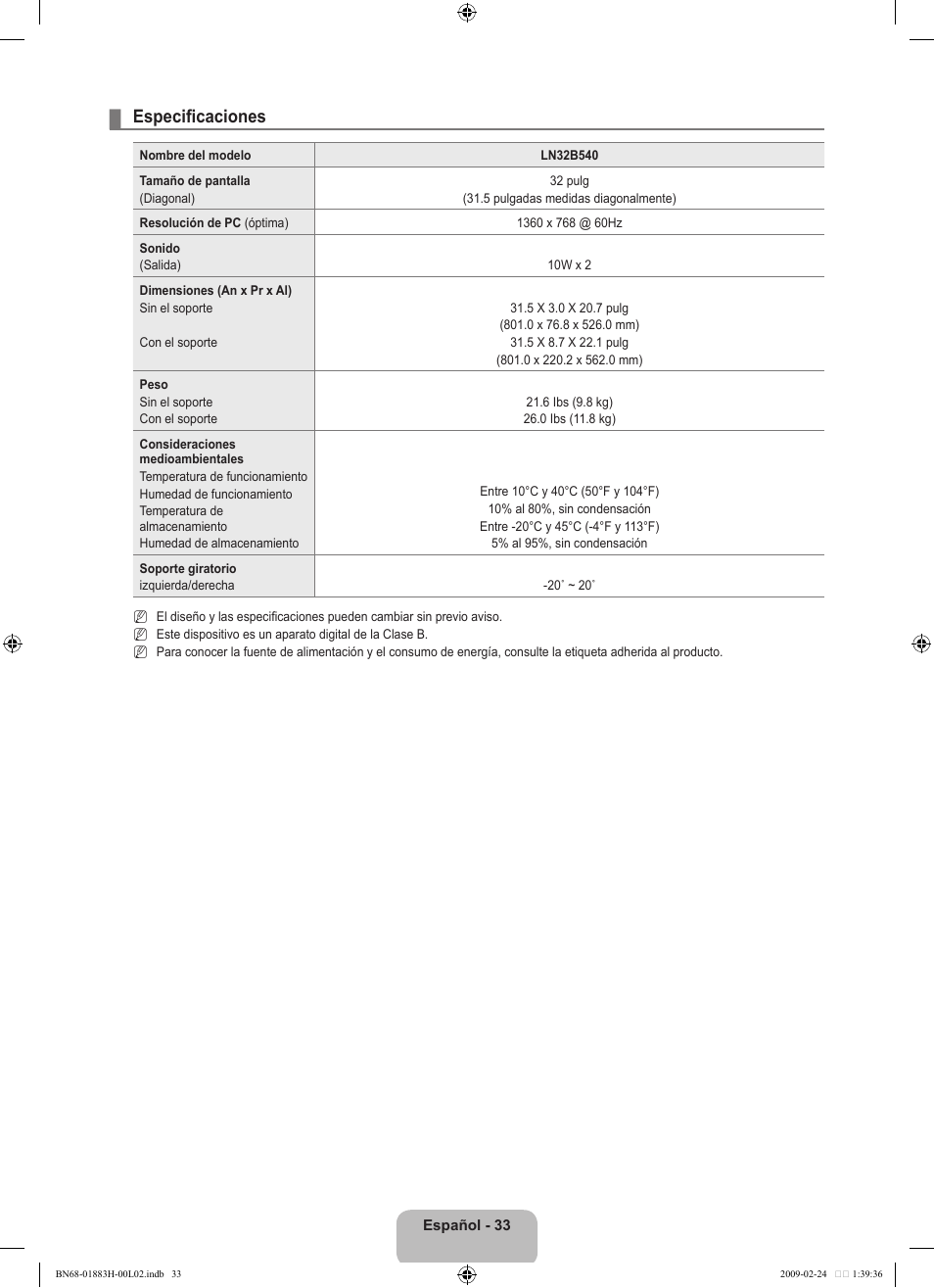 Especificaciones | Samsung LN32B540P8DUZA User Manual | Page 71 / 73
