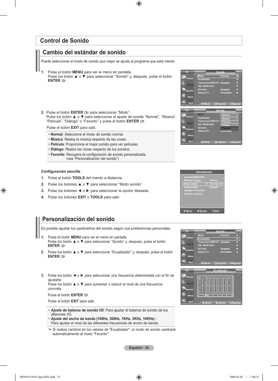 Personalización del sonido, Control de sonido cambio del estándar de sonido | Samsung LN40A450C1DXZA User Manual | Page 115 / 157