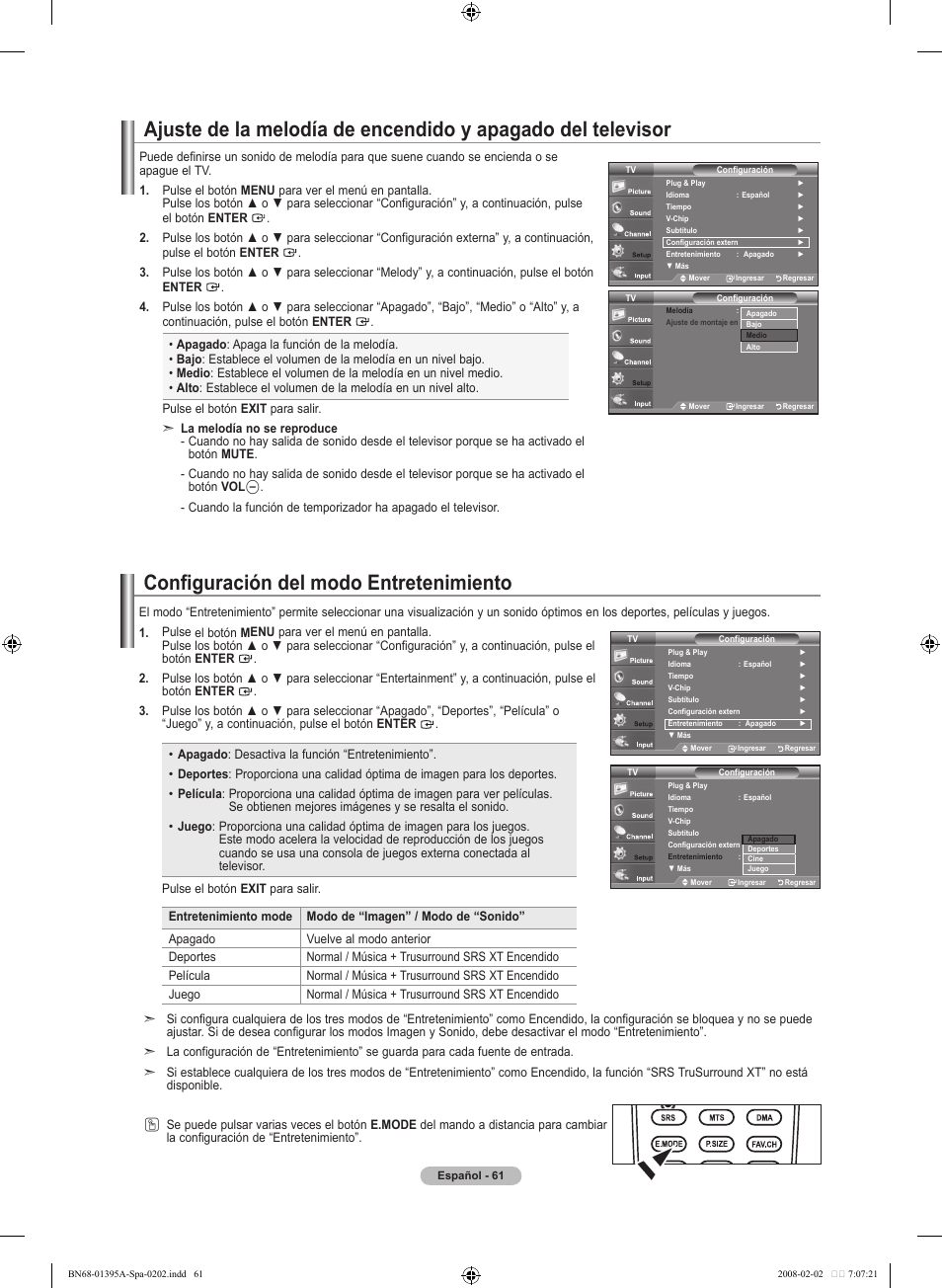 Configuración del modo entretenimiento | Samsung LN40A450C1DXZA User Manual | Page 141 / 157