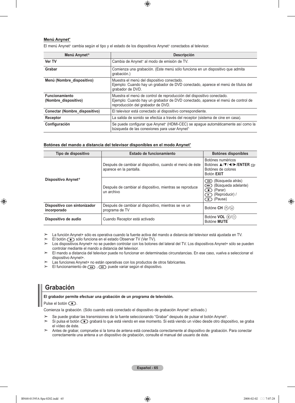 Grabación | Samsung LN40A450C1DXZA User Manual | Page 145 / 157