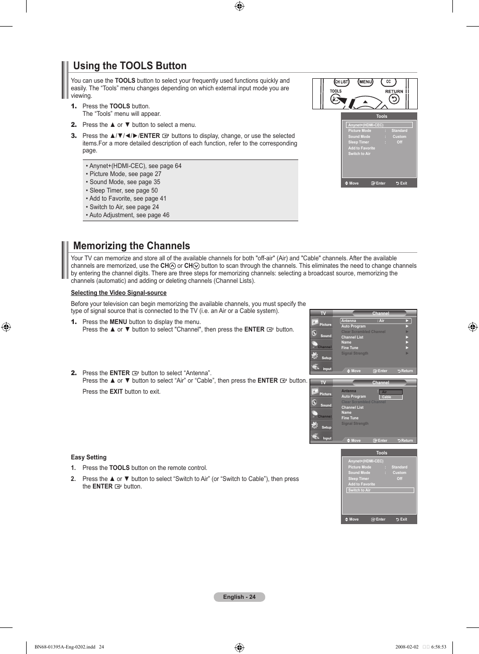 Using the tools button, Memorizing the channels | Samsung LN40A450C1DXZA User Manual | Page 26 / 157