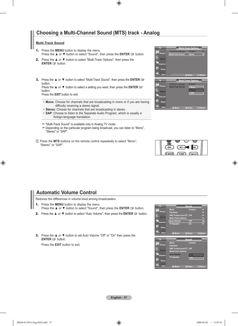 Automatic volume control | Samsung LN40A450C1DXZA User Manual | Page 39 / 157