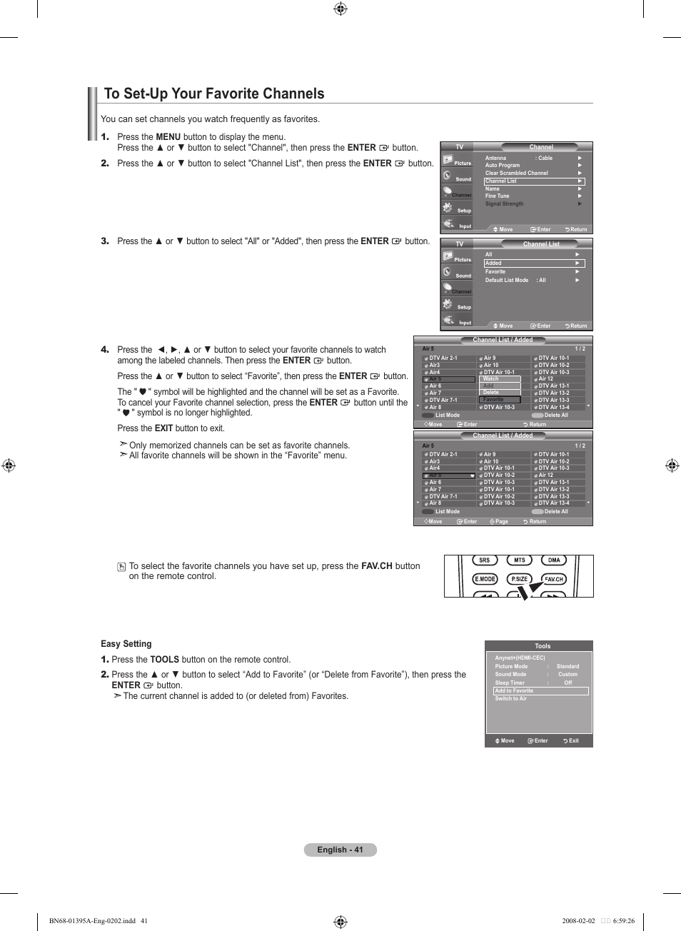 To set-up your favorite channels | Samsung LN40A450C1DXZA User Manual | Page 43 / 157