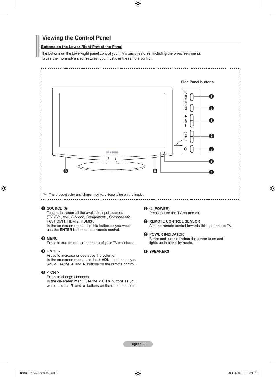 Viewing the control panel | Samsung LN40A450C1DXZA User Manual | Page 5 / 157