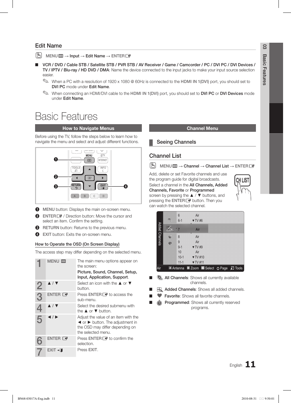 Basic features, Channel list, Edit name | Samsung LN40C560J2FXZA User Manual | Page 11 / 59