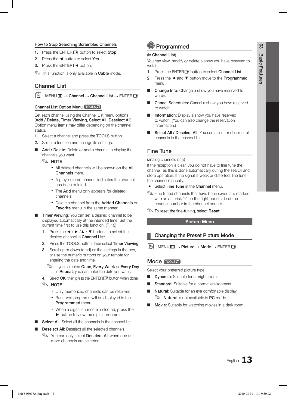 Channel list, Programmed, Fine tune | Mode | Samsung LN40C560J2FXZA User Manual | Page 13 / 59