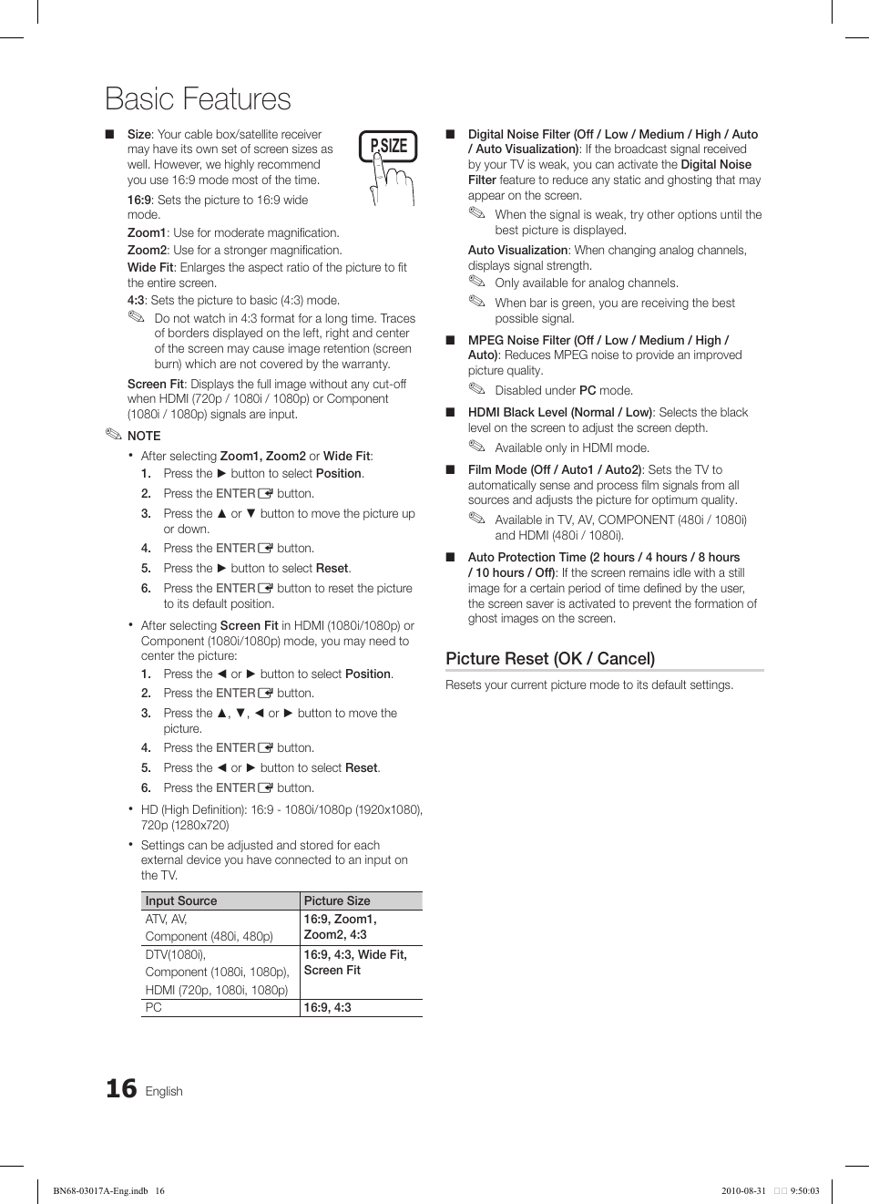 Basic features, Picture reset (ok / cancel) | Samsung LN40C560J2FXZA User Manual | Page 16 / 59