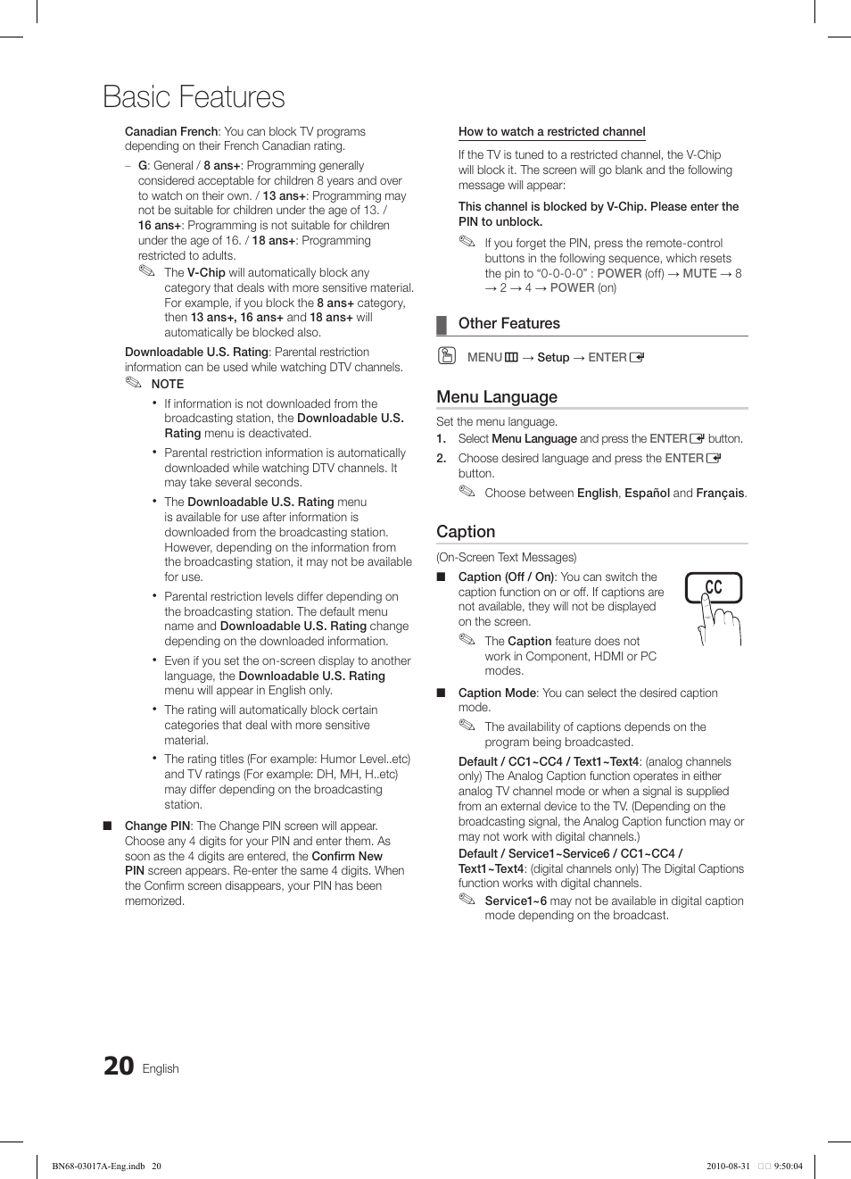 Basic features | Samsung LN40C560J2FXZA User Manual | Page 20 / 59
