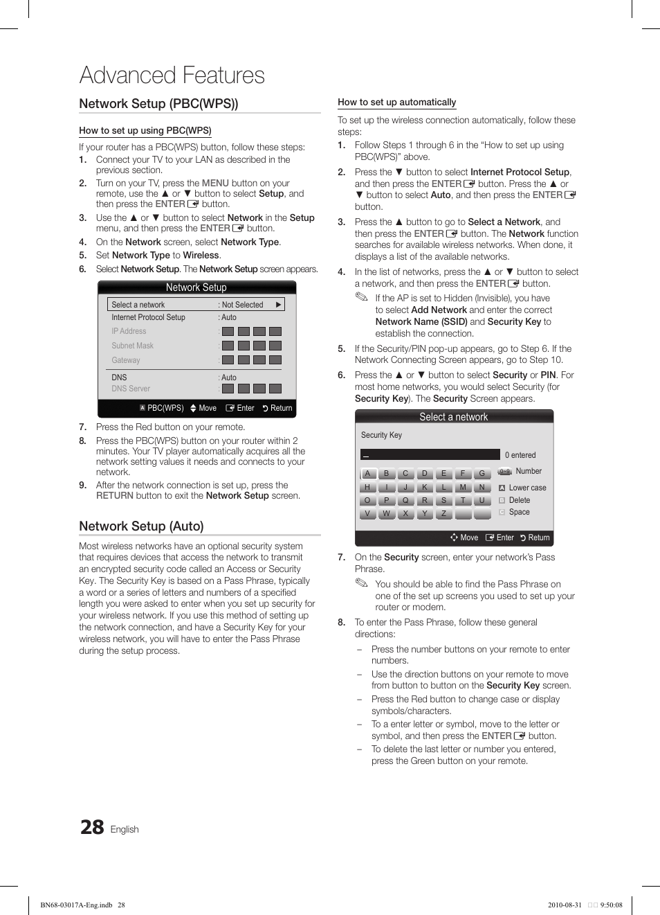 Advanced features, Network setup (pbc(wps)), Network setup (auto) | Samsung LN40C560J2FXZA User Manual | Page 28 / 59